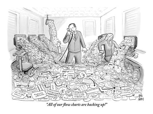 Chart Wall Art featuring the drawing A Businessman Talks On The Phone As His Office by Paul Noth