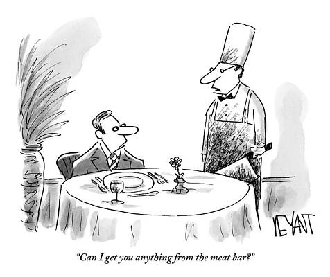 Meat Drawing - A Butcher Addresses A Man Sitting At A Dinner by Christopher Weyant