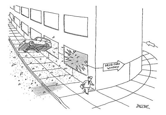 Drive Wall Art featuring the drawing A Car Is Seen Flying Out Of A Broken Window Onto by Jack Ziegler