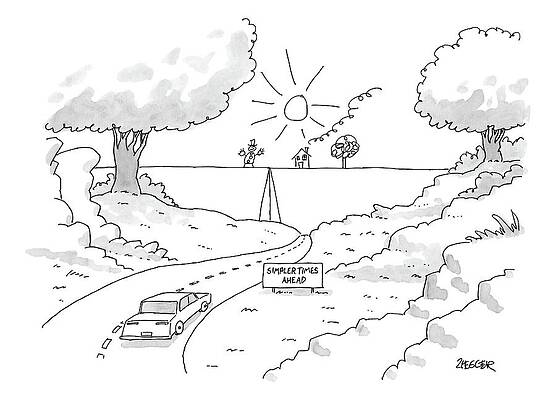 Sun Drawing - A Car On A Winding Road Heads For A Straight Road by Jack Ziegler