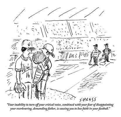 Anxious Drawing - A Catcher Speaks To A Baseball Player by David Sipress