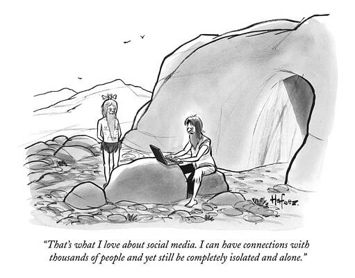 Alone Drawing - A Cave Man On A Laptop Speaks To Another Caveman by Kaamran Hafeez