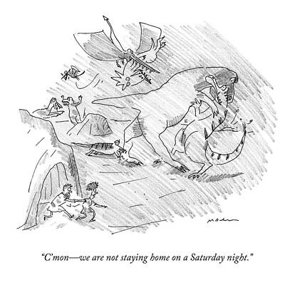 Dinosaurs Wall Art featuring the drawing A Cavewoman Leading A Man Outside Even Though by Michael Maslin