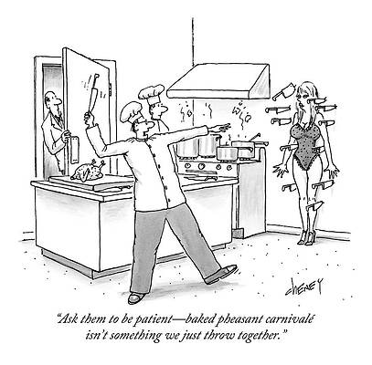 Wall Art featuring the drawing A Chef In The Kitchen Is Throwing Knives by Tom Cheney