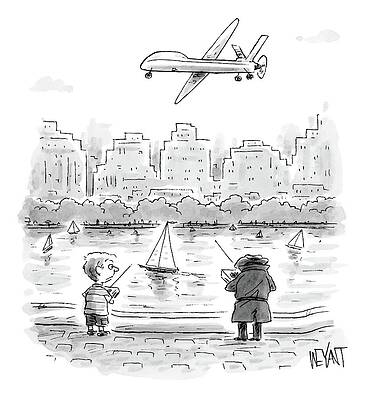 Remote Wall Art featuring the drawing A Child Holding A Remote Control Stands In Front by Christopher Weyant