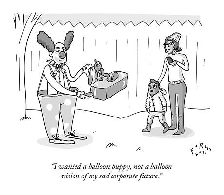 Balloon Wall Art featuring the drawing A Clown Presents A Child With A Balloon Figurine by Farley Katz