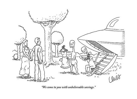 Alien Wall Art featuring the drawing A Couple Are Accosted By Aliens Selling A Dress by Eric Lewis