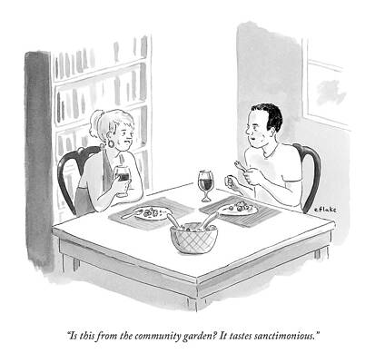 Organic Wall Art featuring the drawing A Couple Eats Dinner by Emily Flake