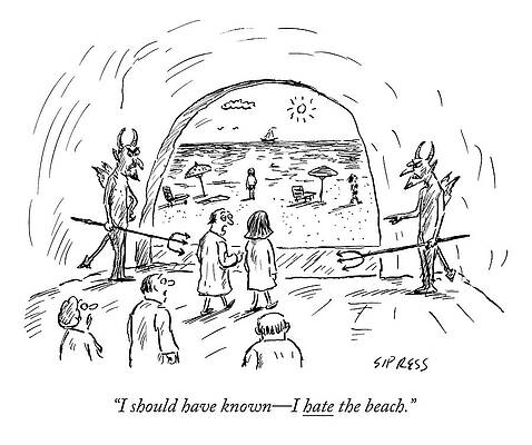 Summer Drawing - A Couple In Hell Are Led Out To A Beach by David Sipress