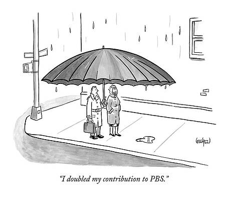 Rain Wall Art featuring the drawing A Couple Under A Gigantic Umbrella On A City by Robert Leighton