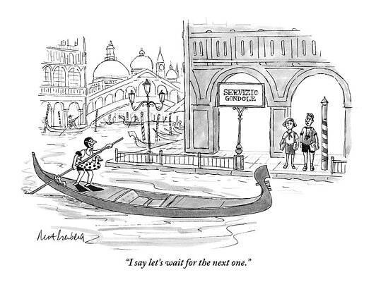 Swim Wall Art featuring the drawing A Couple Waits Beside A Canal In Venice by Mort Gerberg