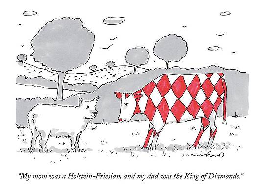 Cow Wall Art featuring the drawing A Cow With A Red Diamond Spots Talks To Another by Michael Crawford