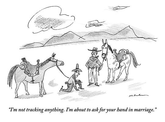 Tracks Wall Art featuring the drawing A Cowboy Is Down On One Knee by Michael Maslin