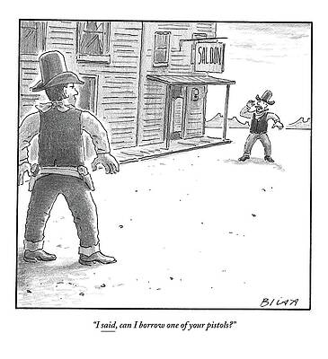 Gun Drawing - A Cowboy Yells To Another Cowboy In A Classic by Harry Bliss