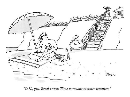 Summer Drawing - A Dad Seated Beneath An Umbrella At The Beach by Jack Ziegler