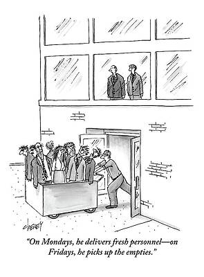 Wall Art featuring the drawing A Delivery Man Pushes A Cart Full Of Zombie-like by Tom Cheney