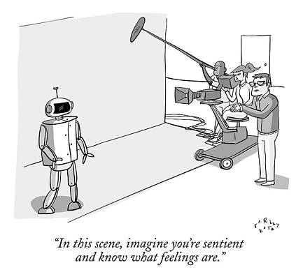 Movie Wall Art featuring the drawing A Director With Film Crew Directs A Robot by Farley Katz