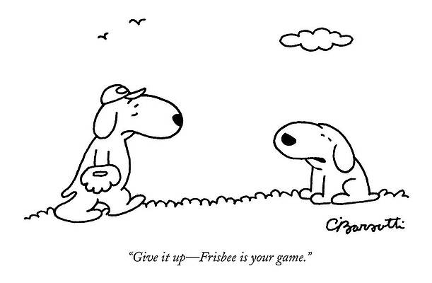 Athlete Wall Art featuring the drawing A Dog Talks To Another Dog Wearing Baseball Gear by Charles Barsotti