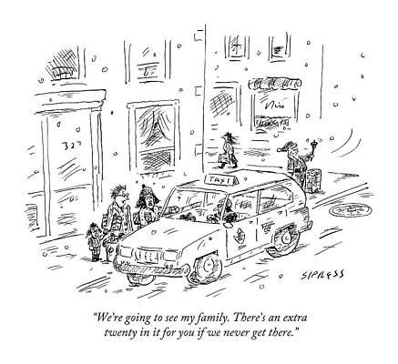 Family Wall Art featuring the drawing A Family Talks To A Taxi Driver Before Getting by David Sipress