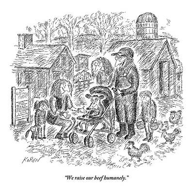 Farm Wall Art featuring the drawing A Farmer And His Wife Push A Cow In A Baby by Edward Koren