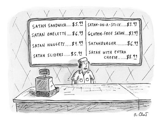 Fast Drawing - A Fast Food Employee Stands In Front Of A Menu by Roz Chast