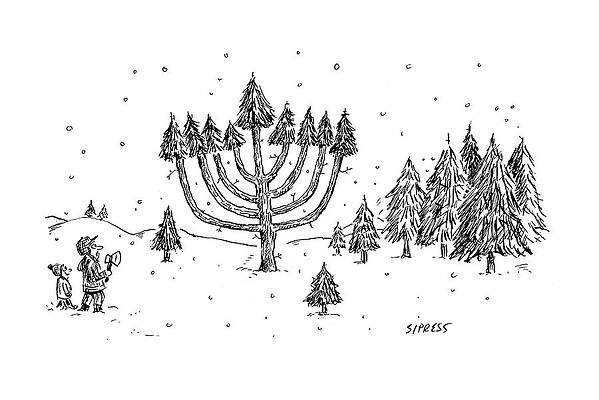 Christmas Wall Art featuring the drawing A Father And Child See A Menorah-shaped Christmas by David Sipress