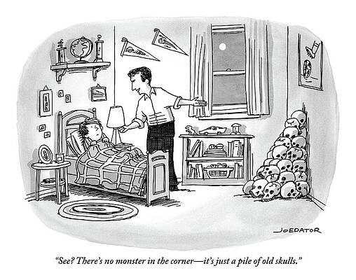 Anxious Drawing - A Father Points To A Pile Of Skulls In The Corner by Joe Dator
