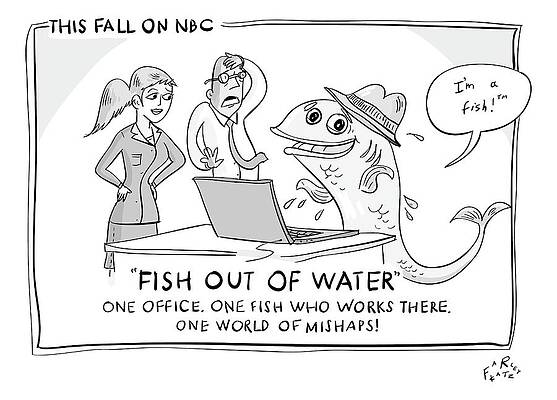 Tv Wall Art featuring the drawing A Fish Tries To Use A Computer While Two by Farley Katz