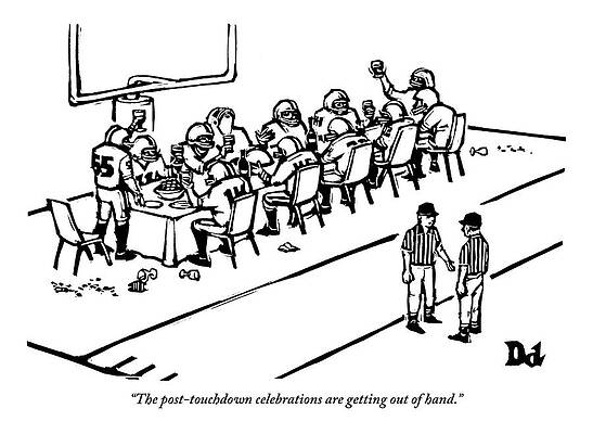 Celebration Drawing - A Football Team Enjoys A Seated Dinner With Wine by Drew Dernavich