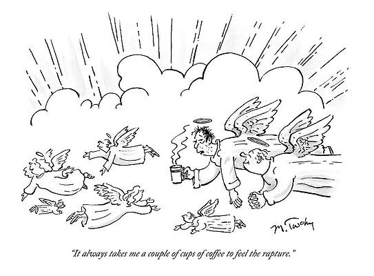 Heaven Wall Art featuring the drawing A Group Of Angels Fly In The Clouds.  One by Mike Twohy