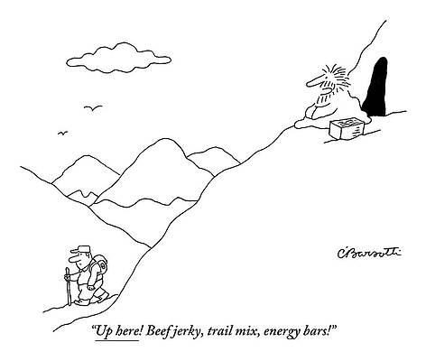 Hiking Drawing - A Guru Is Seen Calling Out To A Hiker Walking by Charles Barsotti