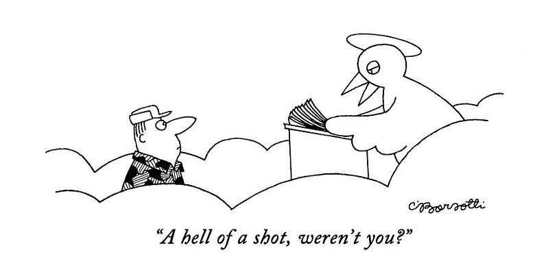 Heaven Wall Art featuring the drawing A Hell Of A Shot by Charles Barsotti