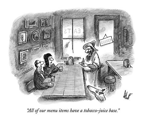 Juice Wall Art featuring the drawing A Hillbilly Bartender Addresses Two Customers by Frank Cotham