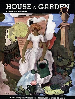 Growth Wall Art featuring the photograph A House And Garden Cover Of A Woman Watering by Georges Lepape