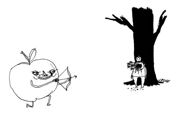 Shoot Wall Art featuring the drawing A Huge Apple Creature With A Bow And Arrow Shoots by Edward Steed