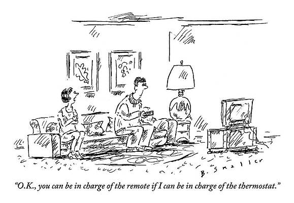 Tv Wall Art featuring the drawing A Husband And His Frustrated Wife Sit by Barbara Smaller