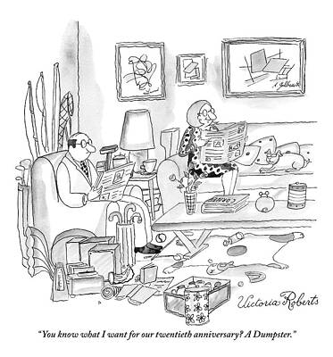 Anniversary Wall Art featuring the drawing A Husband And Wife At Home In Their Messy Living by Victoria Roberts