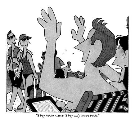 Swim Wall Art featuring the drawing A Husband And Wife Wave To Another Couple by William Haefeli