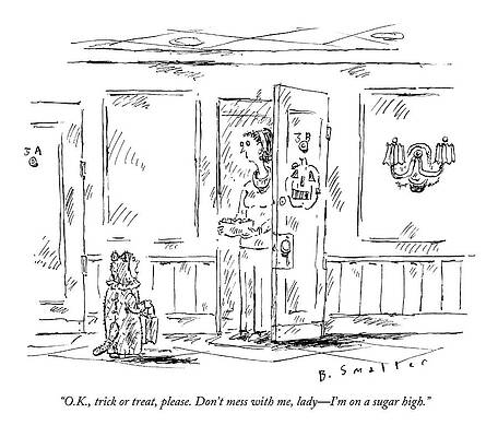 Halloween Wall Art featuring the drawing A Kid In A Costume Stands Outside A Woman's Door by Barbara Smaller