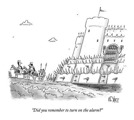 Memory Wall Art featuring the drawing A King And Queen Sit On Horses Outside Of A Large by Christopher Weyant