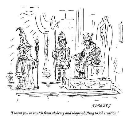 Wizard Wall Art featuring the drawing A King On His Thrown Addresses A Wizard by David Sipress