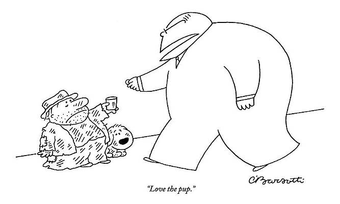 Puppy Wall Art featuring the drawing A Large, Wealthy Businessman Gives Some Change by Charles Barsotti