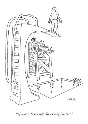 Public Wall Art featuring the drawing A Lifeguard At A Pool Says To A Man On A High by Jack Ziegler