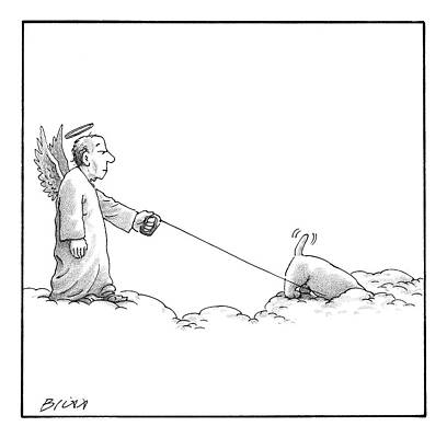 Walking Drawing - A Male Angel Walks His Dog On A Leash Across Some by Harry Bliss