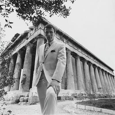Man in Suit at Ancient Greek Temple Photograph