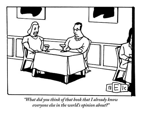 Thinking Wall Art featuring the drawing A Man And A Woman Sit At A Restaurant Dinner Table by Bruce Eric Kaplan