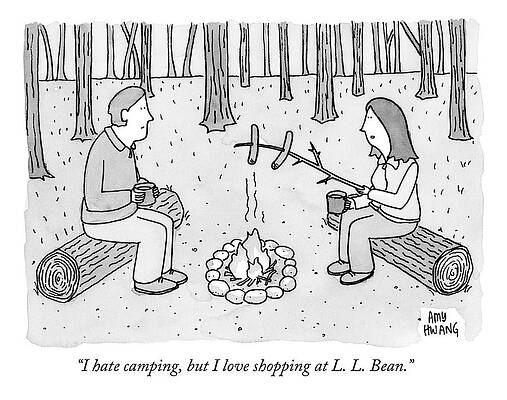 Outdoors Drawing - A Man And Woman Are Camping And The Woman Roasts by Amy Hwang