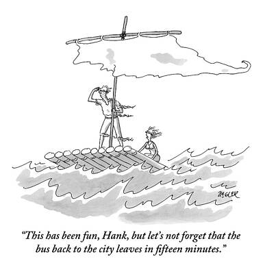 Sea Life Wall Art featuring the drawing A Man And Woman Are Seen On A Raft With A Sail by Jack Ziegler