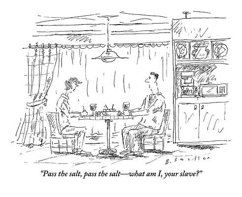 Salt Wall Art featuring the drawing A Man And Woman Sit At A Kitchen Table Together by Barbara Smaller