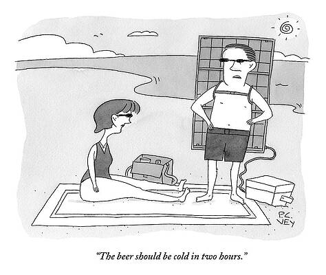 Swim Wall Art featuring the drawing A Man And Woman Stand On A Beach by Peter C. Vey